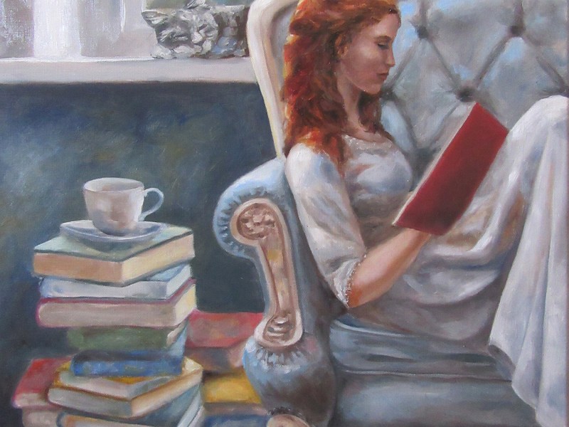 girl reading book oil painting