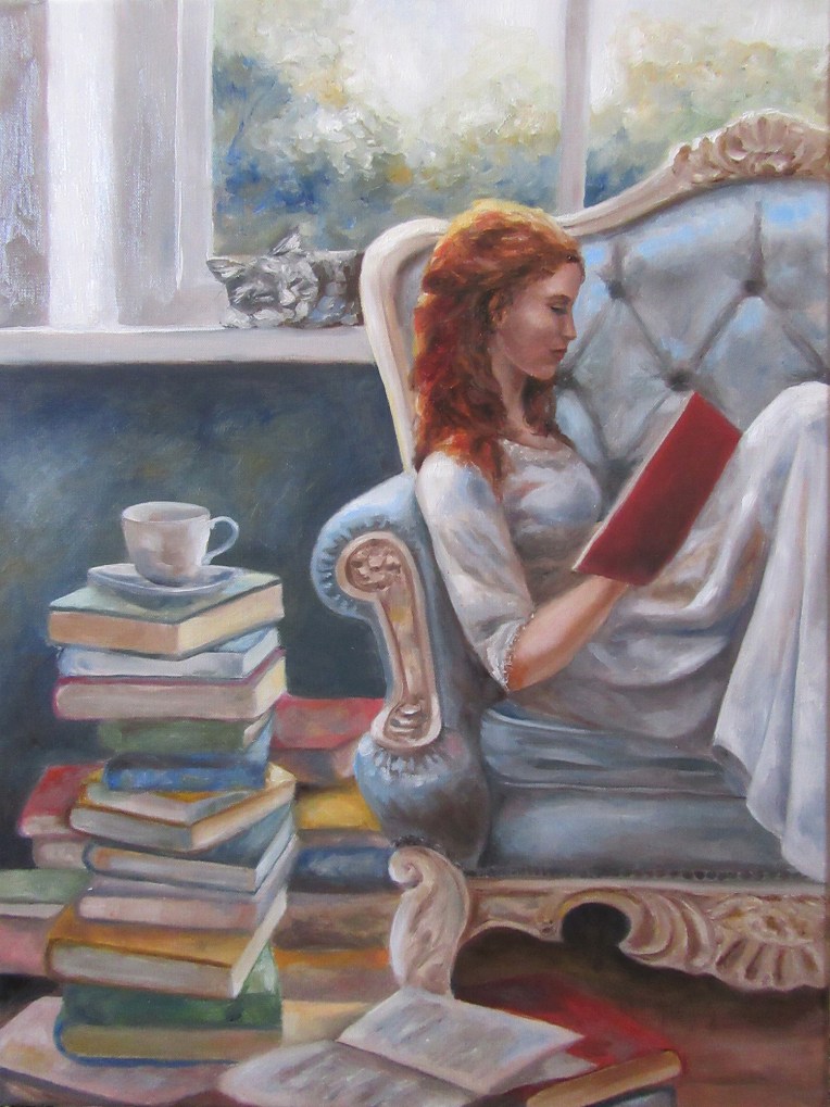 girl reading book oil painting