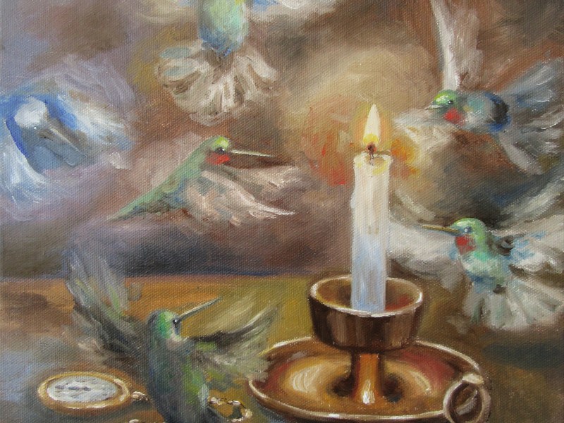 hummingbird flying surreal oil painting