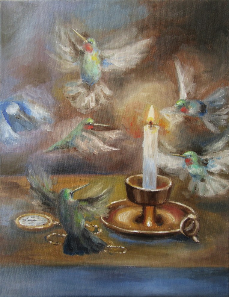 hummingbird flying surreal oil painting