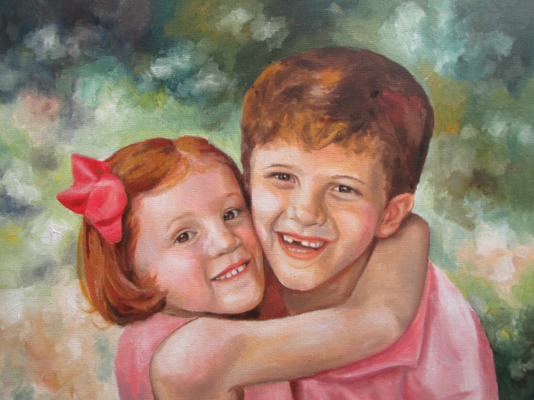 children siblings oil portrait