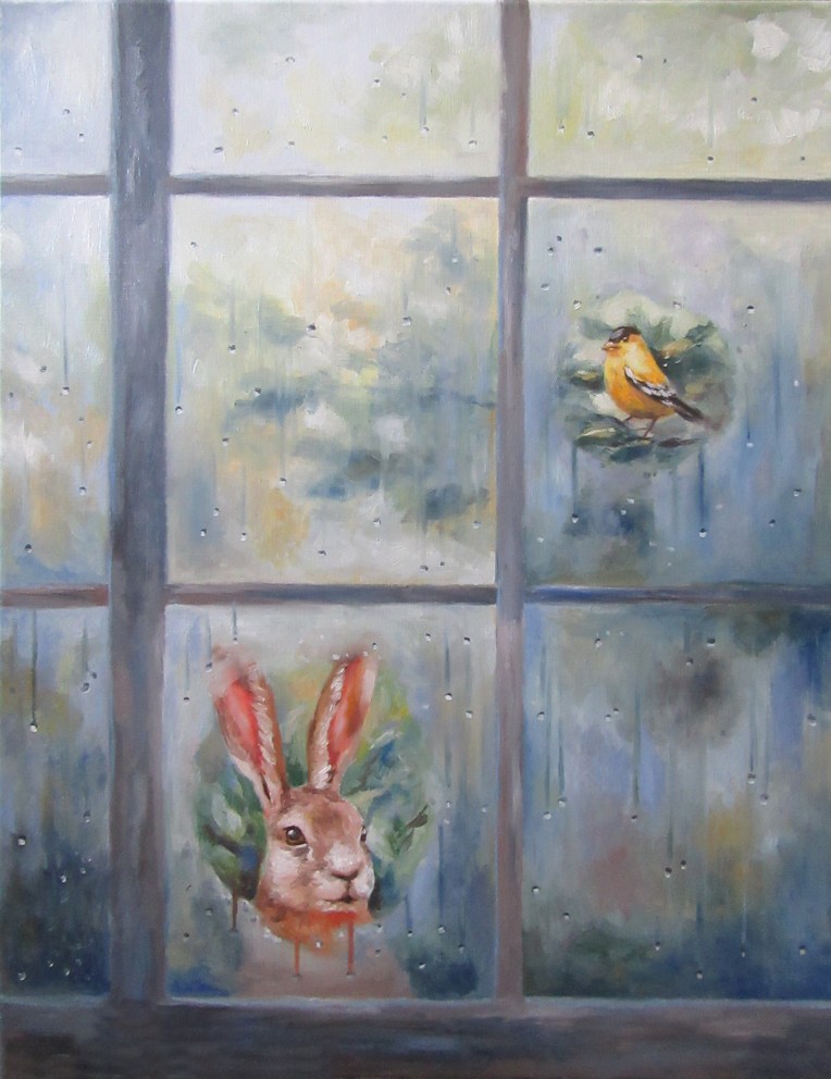 animals at window oil painting