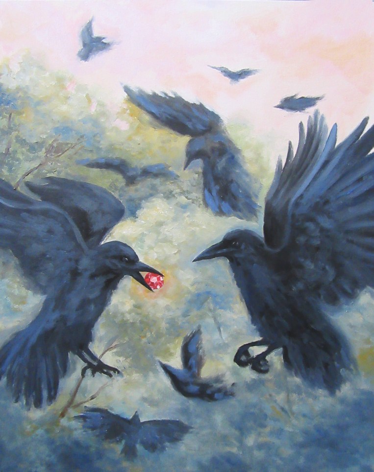 crow flying ruby oil painting